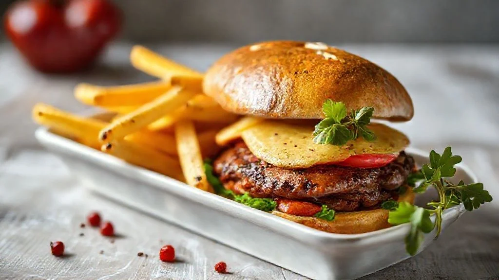 A breathtaking, ultra-wide, shallow depth-of-field shot of a meticulously organized, clean professional chef's kitchen workstation at dawn. Focus on polished stainless steel surfaces, gleaming copper pots (stacked neatly), and vibrant, freshly prepared, perfectly chopped, colorful vegetables (e.g., bright red bell peppers, deep green herbs, purple onions) arranged in geometric patterns on a wooden cutting board, bathed in soft, ethereal morning light streaming from a window. Steam subtly rises from a distant pot. The atmosphere is one of serene preparation and impending culinary magic. No human figures or faces, only the tools and ingredients of the craft.